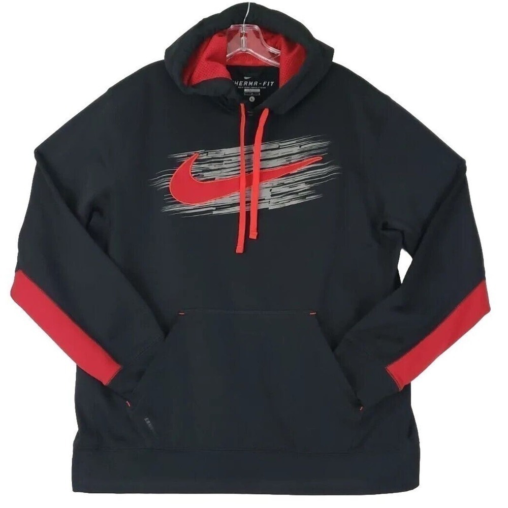 Nike~Men's L~Therma-Fit Black/Red Hoodie Sportswear Jacket Sweashirt Nike Logo.